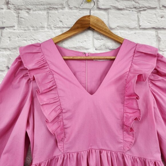 KARLIE Pink Poplin Ruffle Tier Dress Cotton Size Medium - Picture 5 of 14